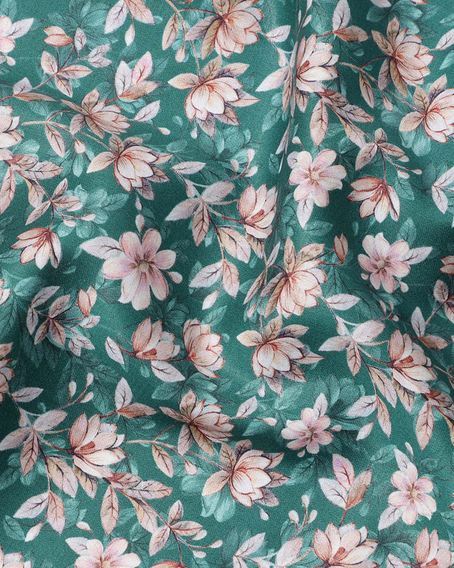 Teal Green Floral Printed Cotton Lawn Fabric Soft Lightweight Dressmaking Sewing Material 4.0 Meters Length 110 Cms Width India-D27637