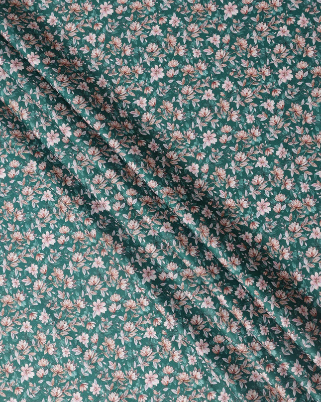 Teal Green Floral Print Pure Cotton Satin Fabric, 140 Cms Width, Made in India-D26032