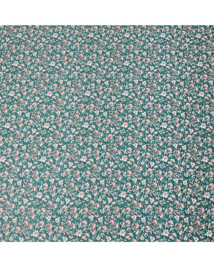 Teal Green Floral Print Pure Cotton Satin Fabric, 140 Cms Width, Made in India-D26032