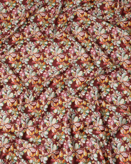 Maroon Floral Printed Cotton Lawn Fabric Soft Lightweight Dressmaking Sewing Material 4.0 Meters Length 110 Cms Width India-D27639