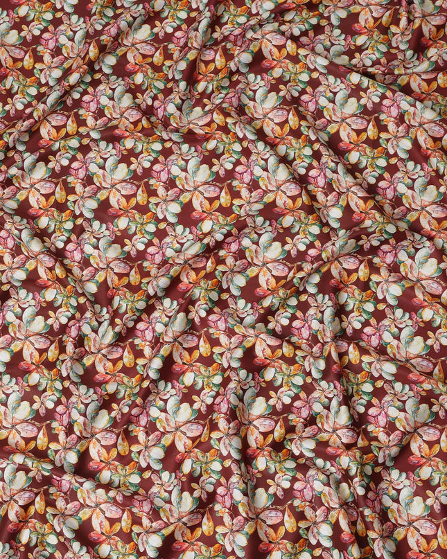 Maroon Floral Printed Cotton Lawn Fabric Soft Lightweight Dressmaking Sewing Material 4.0 Meters Length 110 Cms Width India-D27639