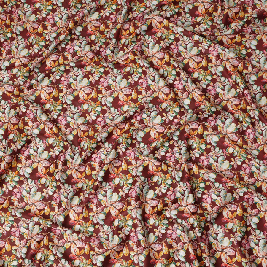 Maroon Floral Printed Cotton Lawn Fabric Soft Lightweight Dressmaking Sewing Material 4.0 Meters Length 110 Cms Width India-D27639