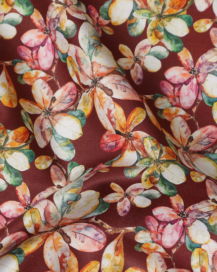 Maroon Floral Printed Cotton Lawn Fabric Soft Lightweight Dressmaking Sewing Material 4.0 Meters Length 110 Cms Width India-D27639