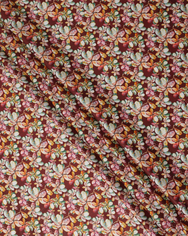Maroon Floral Printed Cotton Lawn Fabric Soft Lightweight Dressmaking Sewing Material 4.0 Meters Length 110 Cms Width India-D27639