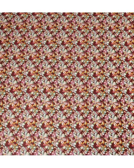 Maroon Floral Printed Cotton Lawn Fabric Soft Lightweight Dressmaking Sewing Material 4.0 Meters Length 110 Cms Width India-D27639