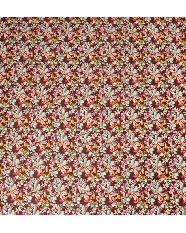 Maroon Floral Printed Cotton Lawn Fabric Soft Lightweight Dressmaking Sewing Material 4.0 Meters Length 110 Cms Width India-D27639