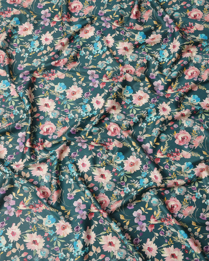 Teal Green Multicolor Floral Print Pure Cotton Satin Fabric, 140 Cms Width, Made in India-D26029