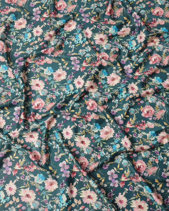 Teal Green Multicolor Floral Print Pure Cotton Satin Fabric, 140 Cms Width, Made in India-D26029
