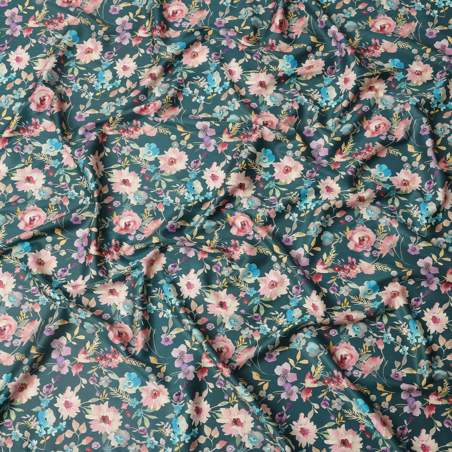 Teal Green Multicolor Floral Print Pure Cotton Satin Fabric, 140 Cms Width, Made in India-D26029