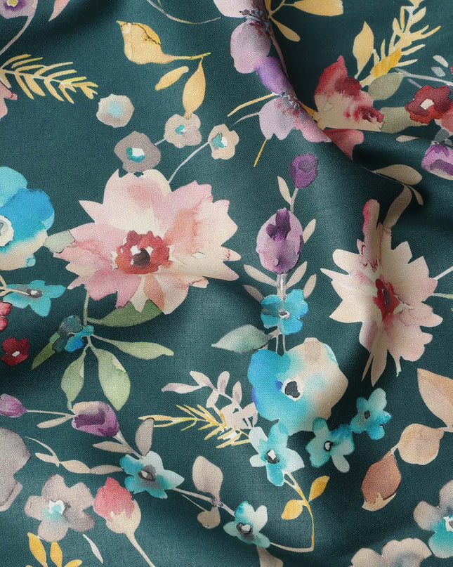 Dark Teal Green Floral Printed Cotton Lawn Fabric Soft Lightweight Dressmaking Sewing Material 4.0 Meters Length 110 Cms Width India-D27638 Regal Fabrics