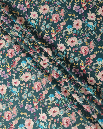 Teal Green Multicolor Floral Print Pure Cotton Satin Fabric, 140 Cms Width, Made in India-D26029