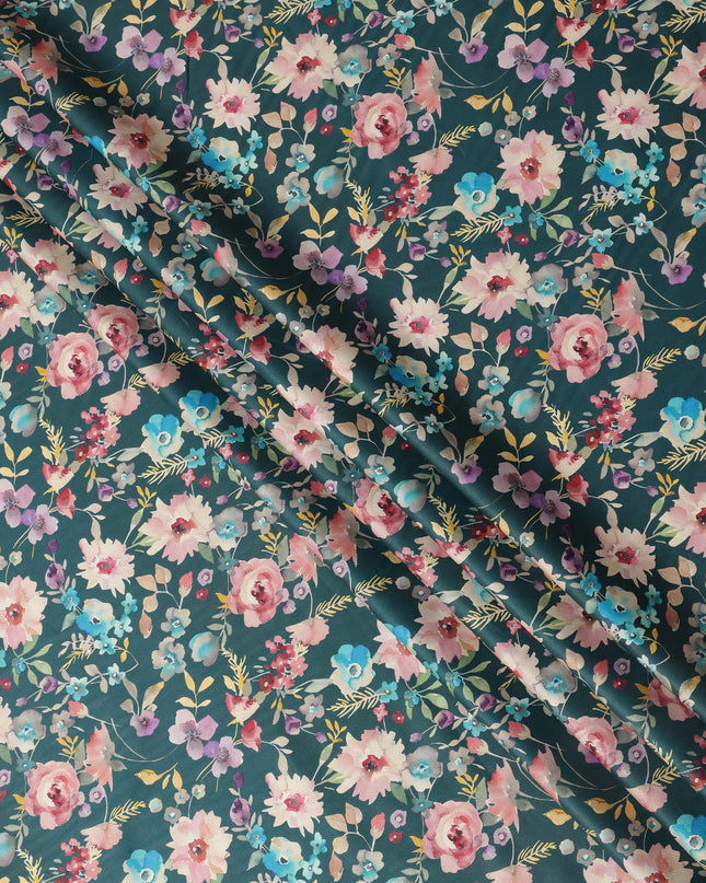 Teal Green Multicolor Floral Print Pure Cotton Satin Fabric, 140 Cms Width, Made in India-D26029