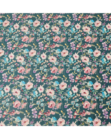 Teal Green Multicolor Floral Print Pure Cotton Satin Fabric, 140 Cms Width, Made in India-D26029