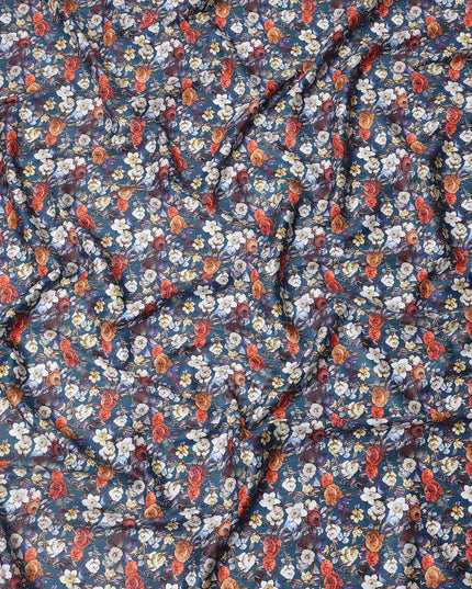Navy Blue Multicolor Floral Print Pure Cotton Satin Fabric, 140 Cms Width, Made in India-D26030