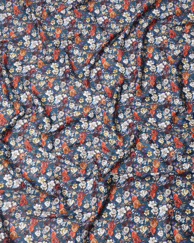 Navy Blue Multicolor Floral Print Pure Cotton Satin Fabric, 140 Cms Width, Made in India-D26030