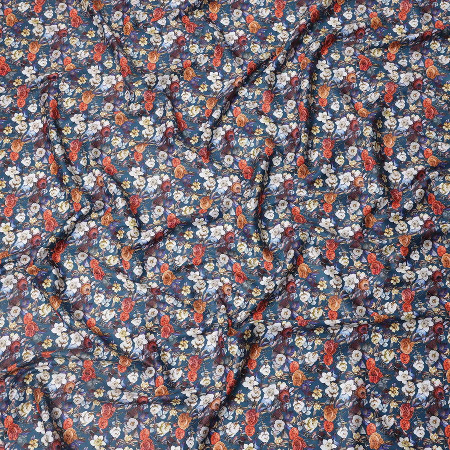 Navy Blue Multicolor Floral Print Pure Cotton Satin Fabric, 140 Cms Width, Made in India-D26030