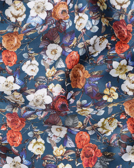 Navy Blue Multicolor Floral Print Pure Cotton Satin Fabric, 140 Cms Width, Made in India-D26030