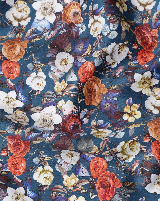 Navy Blue Multicolor Floral Print Pure Cotton Satin Fabric, 140 Cms Width, Made in India-D26030