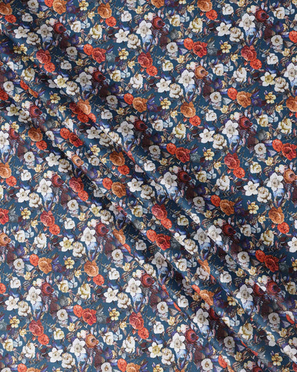 Navy Blue Multicolor Floral Print Pure Cotton Satin Fabric, 140 Cms Width, Made in India-D26030