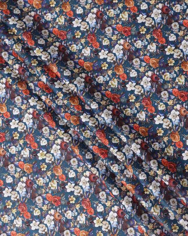 Navy Blue Multicolor Floral Print Pure Cotton Satin Fabric, 140 Cms Width, Made in India-D26030