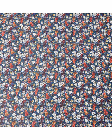 Navy Blue Multicolor Floral Print Pure Cotton Satin Fabric, 140 Cms Width, Made in India-D26030