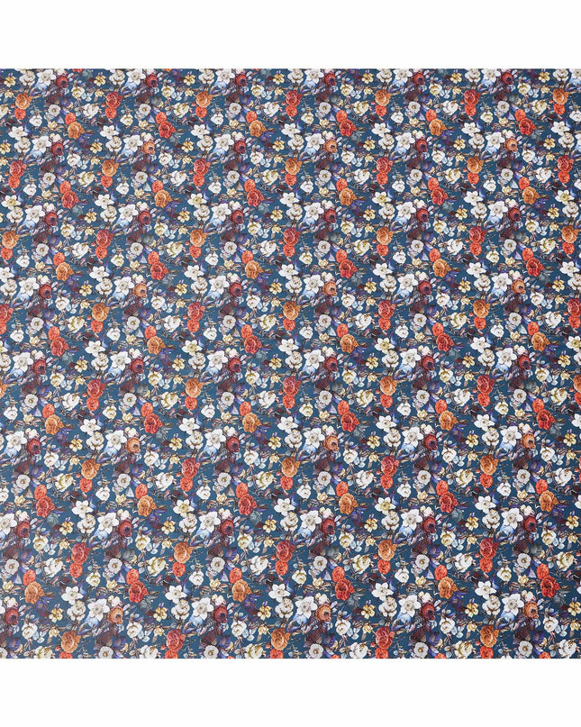 Navy Blue Multicolor Floral Print Pure Cotton Satin Fabric, 140 Cms Width, Made in India-D26030