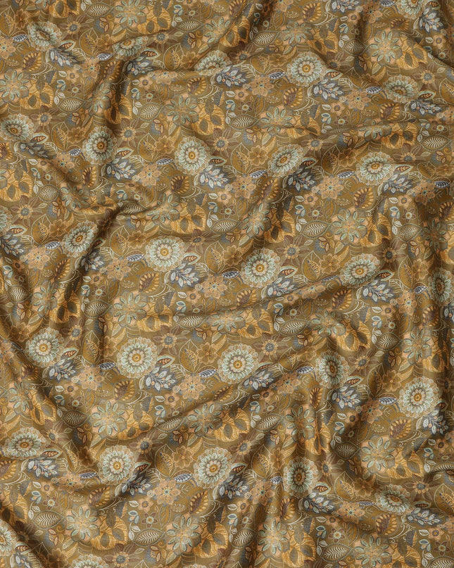 Mustard Brown Floral Printed Cotton Lawn Fabric Soft Lightweight Dressmaking Sewing Material 4.0 Meters Length 110 Cms Width India-D27636