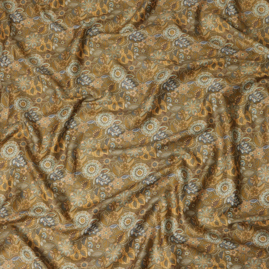 Mustard Brown Floral Printed Cotton Lawn Fabric Soft Lightweight Dressmaking Sewing Material 4.0 Meters Length 110 Cms Width India-D27636