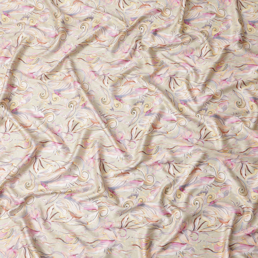 Beige Pastel Swirl Print Pure Cotton Satin Fabric, 140 Cms Width, Made in India-D26035