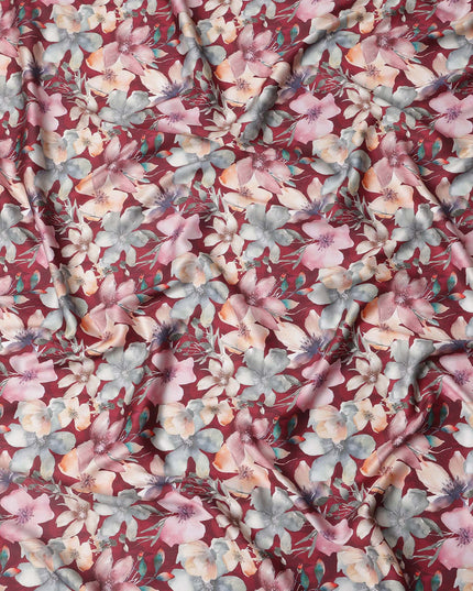 Maroon Multicolor Floral Print Pure Cotton Satin Fabric, 140 Cms Width, Made in India-D26033