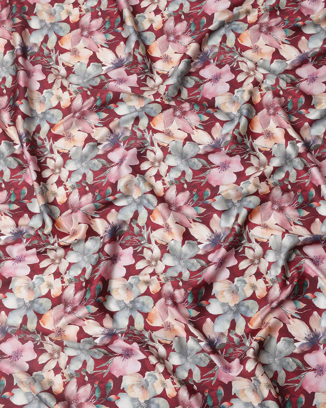 Maroon Multicolor Floral Print Pure Cotton Satin Fabric, 140 Cms Width, Made in India-D26033