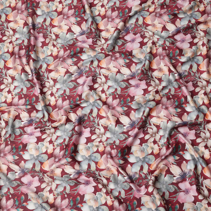 Maroon Multicolor Floral Print Pure Cotton Satin Fabric, 140 Cms Width, Made in India-D26033