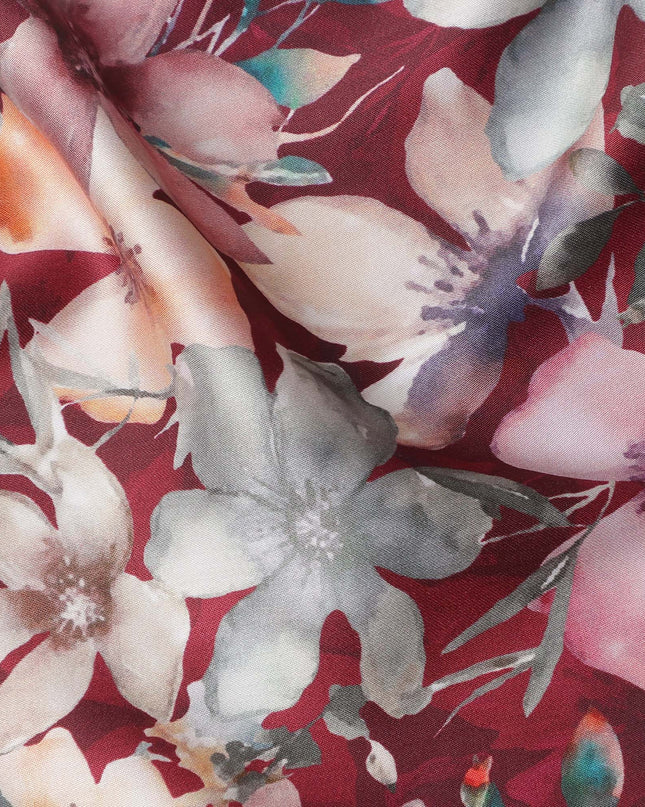 Maroon Multicolor Floral Print Pure Cotton Satin Fabric, 140 Cms Width, Made in India-D26033