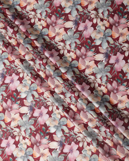 Maroon Multicolor Floral Print Pure Cotton Satin Fabric, 140 Cms Width, Made in India-D26033