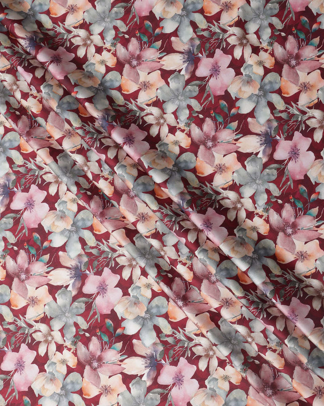 Maroon Multicolor Floral Print Pure Cotton Satin Fabric, 140 Cms Width, Made in India-D26033