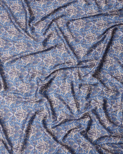 Blue Abstract Floral Print Pure Cotton Satin Fabric, 140 Cms Width, Made in India-D26037