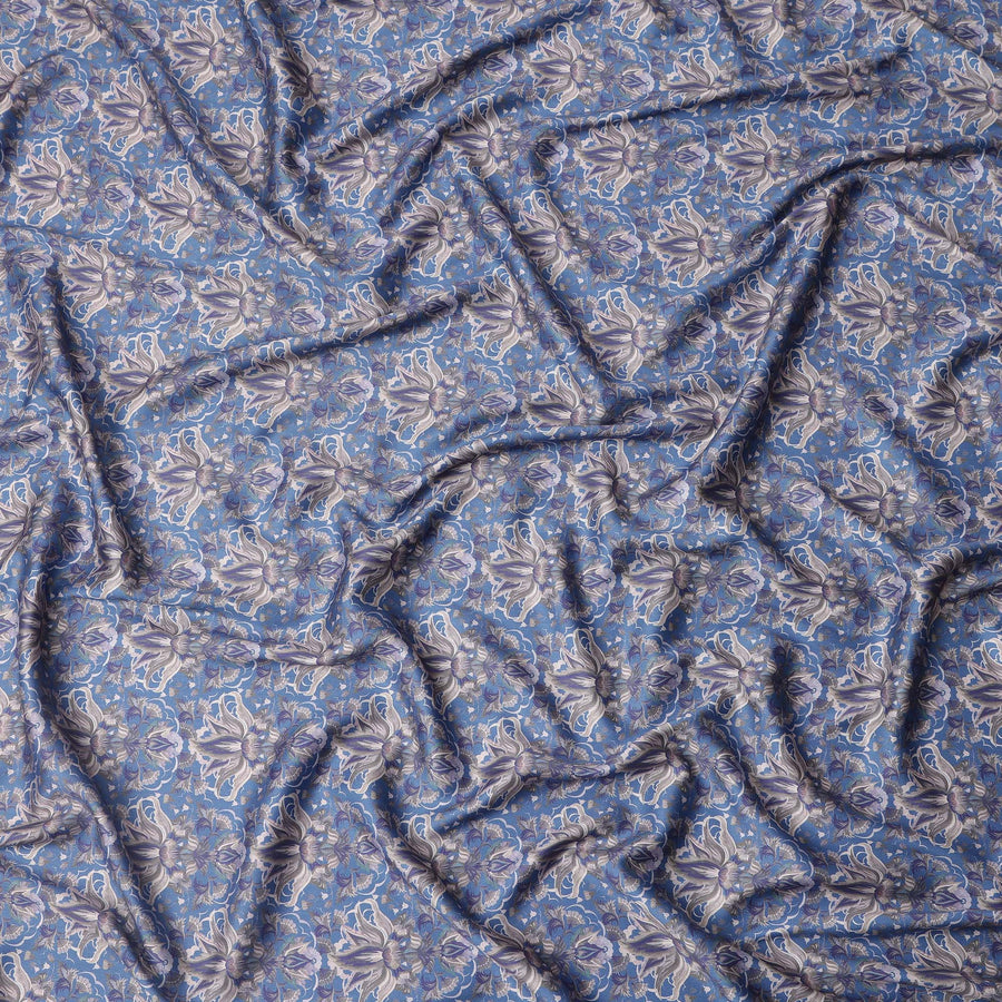 Blue Abstract Floral Print Pure Cotton Satin Fabric, 140 Cms Width, Made in India-D26037
