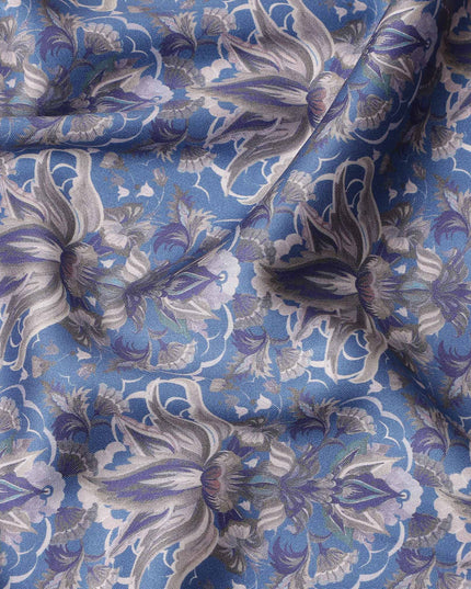 Blue Abstract Floral Print Pure Cotton Satin Fabric, 140 Cms Width, Made in India-D26037