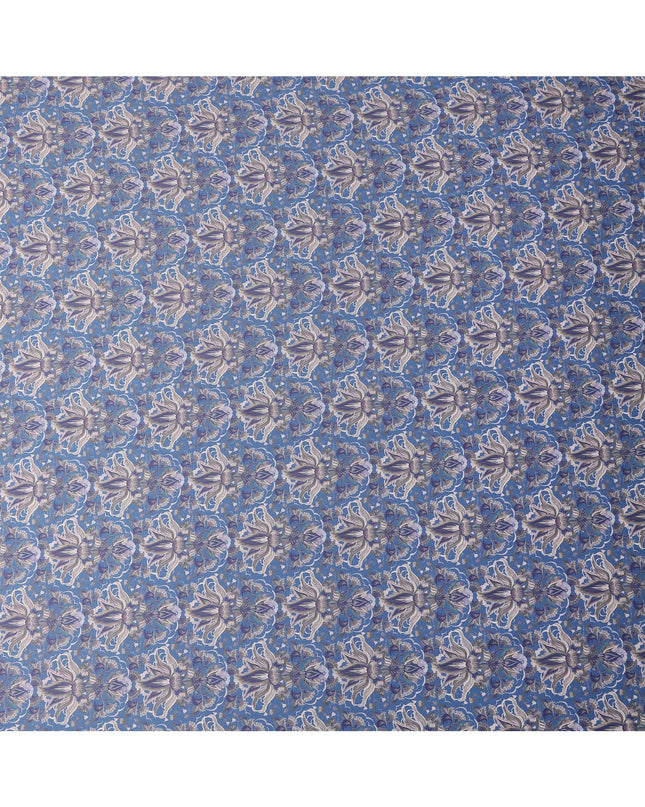 Blue Abstract Floral Print Pure Cotton Satin Fabric, 140 Cms Width, Made in India-D26037