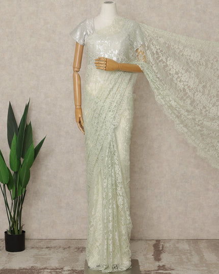 Mint Green Premium French 2-Tone Chantilly Lace Saree, 5.5 Mtrs Length, 110 Cms Width, Crafted in France-Blouse Not Included-D26696