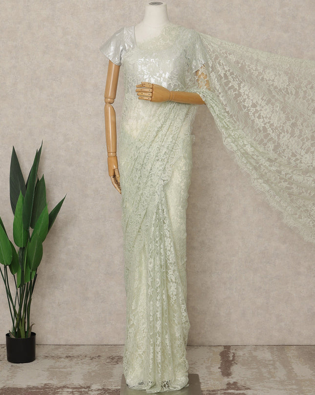 Mint Green Premium French 2-Tone Chantilly Lace Saree, 5.5 Mtrs Length, 110 Cms Width, Crafted in France-Blouse Not Included-D26696