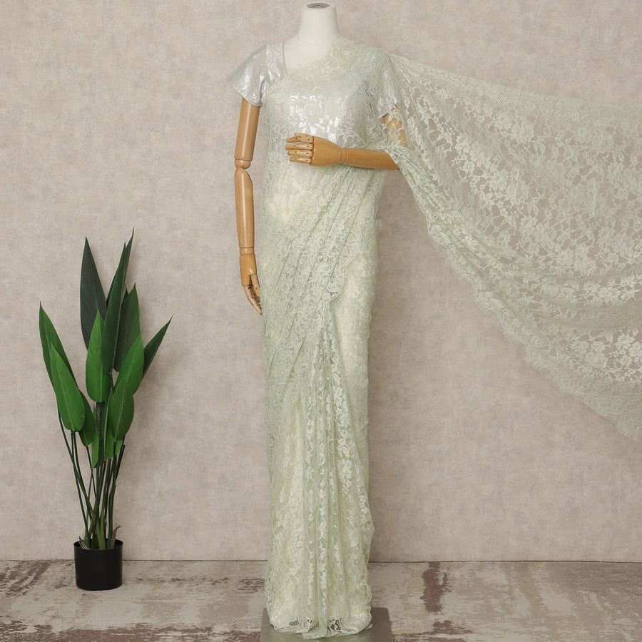 Mint Green Premium French 2-Tone Chantilly Lace Saree, 5.5 Mtrs Length, 110 Cms Width, Crafted in France-Blouse Not Included-D26696
