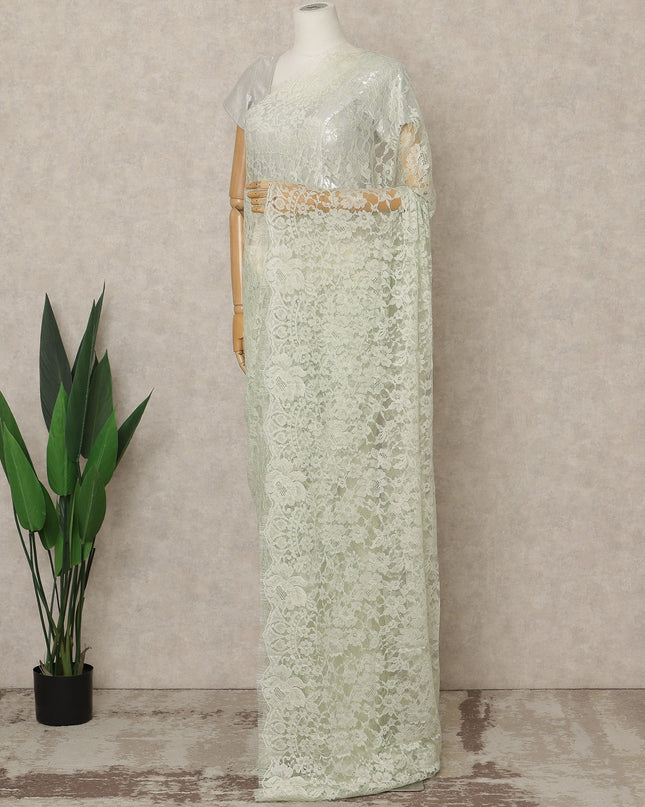 Mint Green Premium French 2-Tone Chantilly Lace Saree, 5.5 Mtrs Length, 110 Cms Width, Crafted in France-Blouse Not Included-D26696