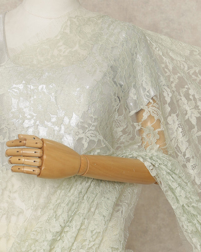 Mint Green Premium French 2-Tone Chantilly Lace Saree, 5.5 Mtrs Length, 110 Cms Width, Crafted in France-Blouse Not Included-D26696