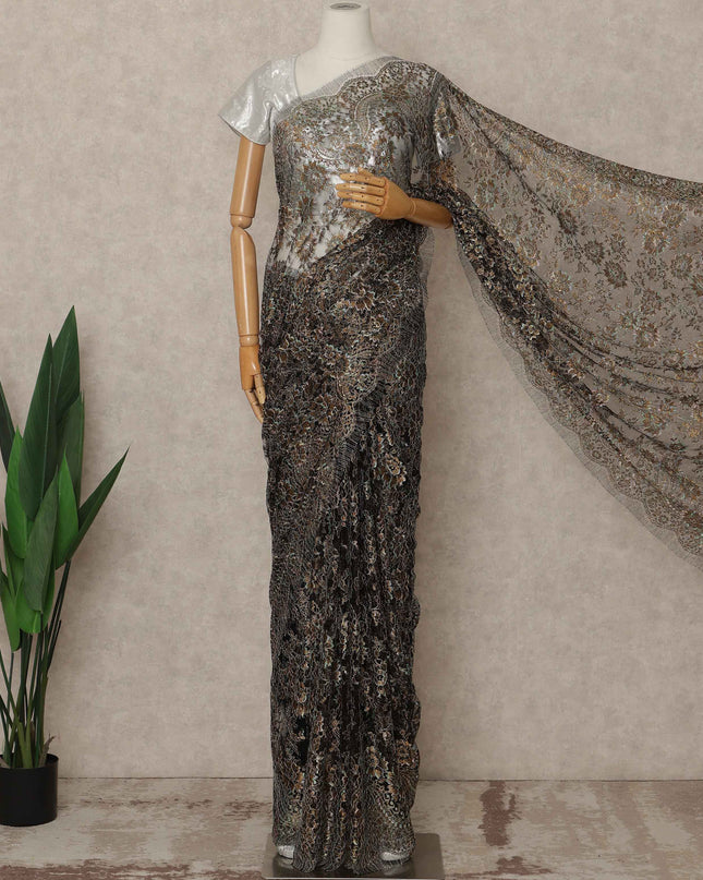 Black, Brown Premium French Metallic Chantilly Saree Lace 5.5 Mtrs Length 110 Cms Width Designer Net Fabric Made In France, Blouse Not Included-D28121