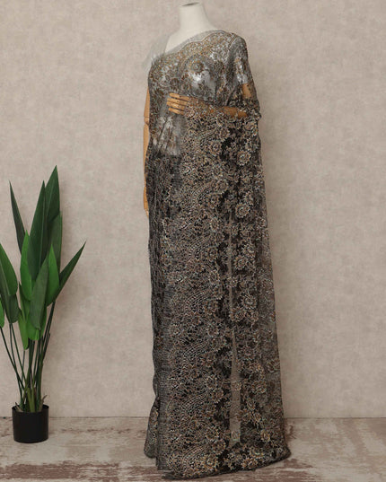 Black, Brown Premium French Metallic Chantilly Saree Lace 5.5 Mtrs Length 110 Cms Width Designer Net Fabric Made In France, Blouse Not Included-D28121