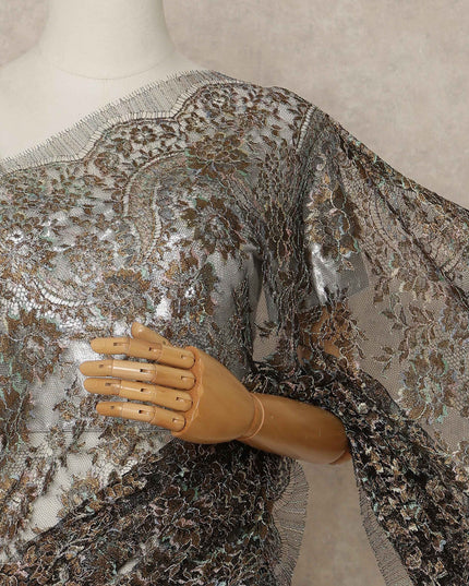 Black, Brown Premium French Metallic Chantilly Saree Lace 5.5 Mtrs Length 110 Cms Width Designer Net Fabric Made In France, Blouse Not Included-D28121