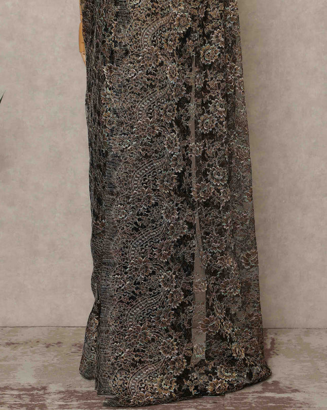 Black, Brown Premium French Metallic Chantilly Saree Lace 5.5 Mtrs Length 110 Cms Width Designer Net Fabric Made In France, Blouse Not Included-D28121