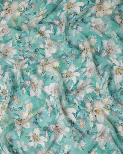 Turquoise Teal Green Floral Synthetic Crepe Fabric 110cm