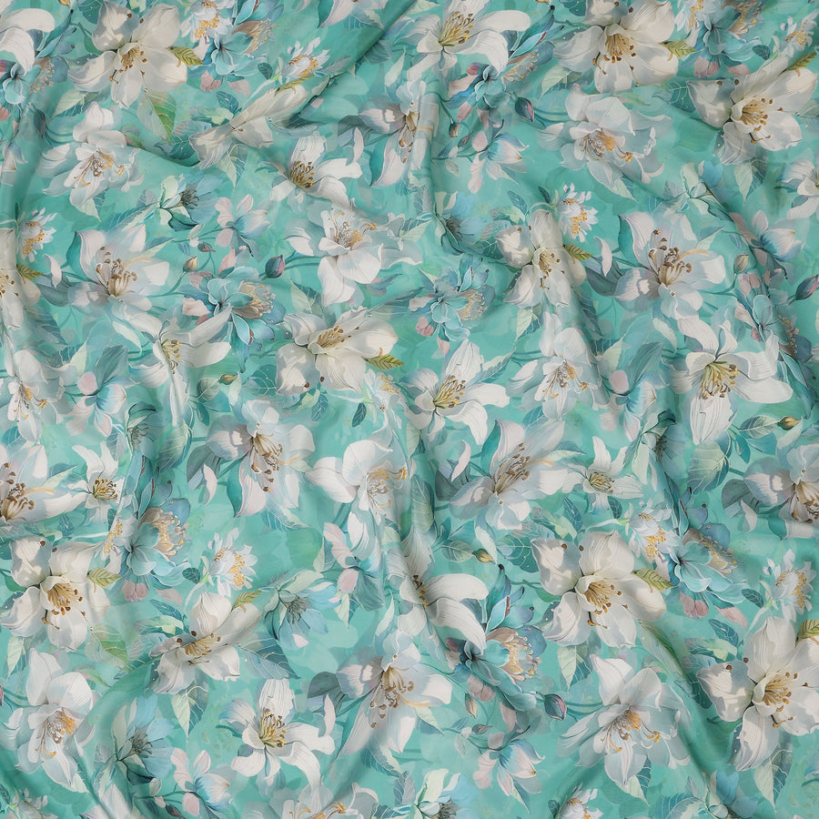 Turquoise Teal Green Floral Synthetic Crepe Fabric 110cm